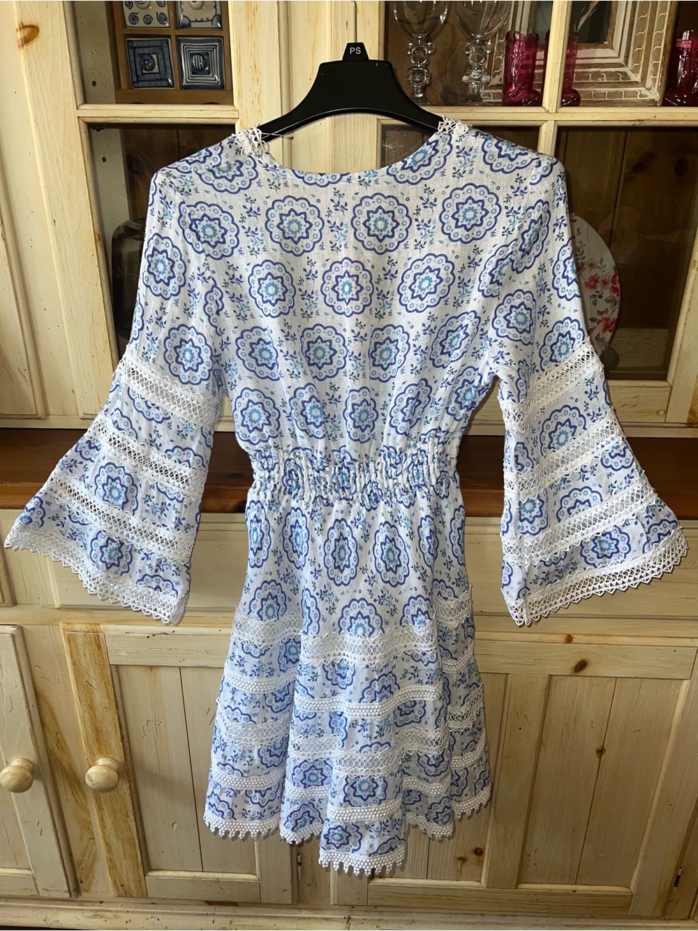 Temptation Positano Blue & White Linen Shirt Bell Sleeve Dress Size Small - Picture 3 of 13